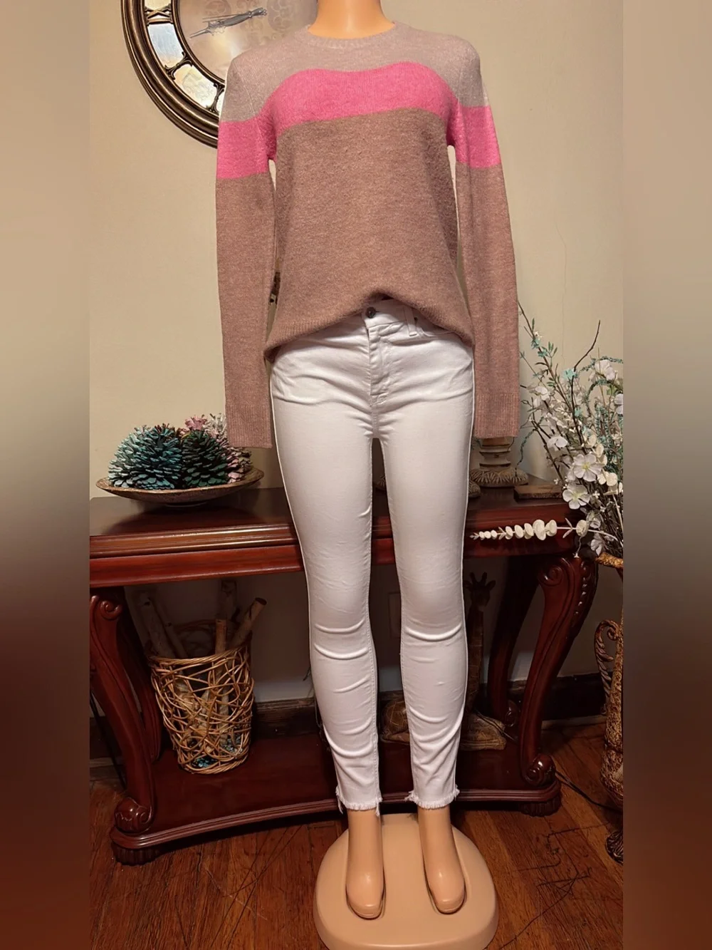 Old Navy Taupe and Pink Crewneck Colorblock Sweater